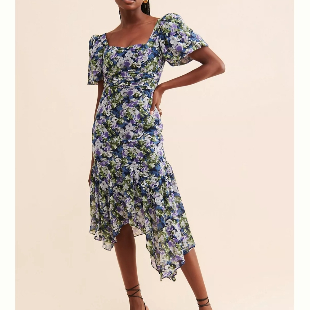 Astr The Label Asymmetrical Floral Puff Sleeve Midi Dress Med Garden Party